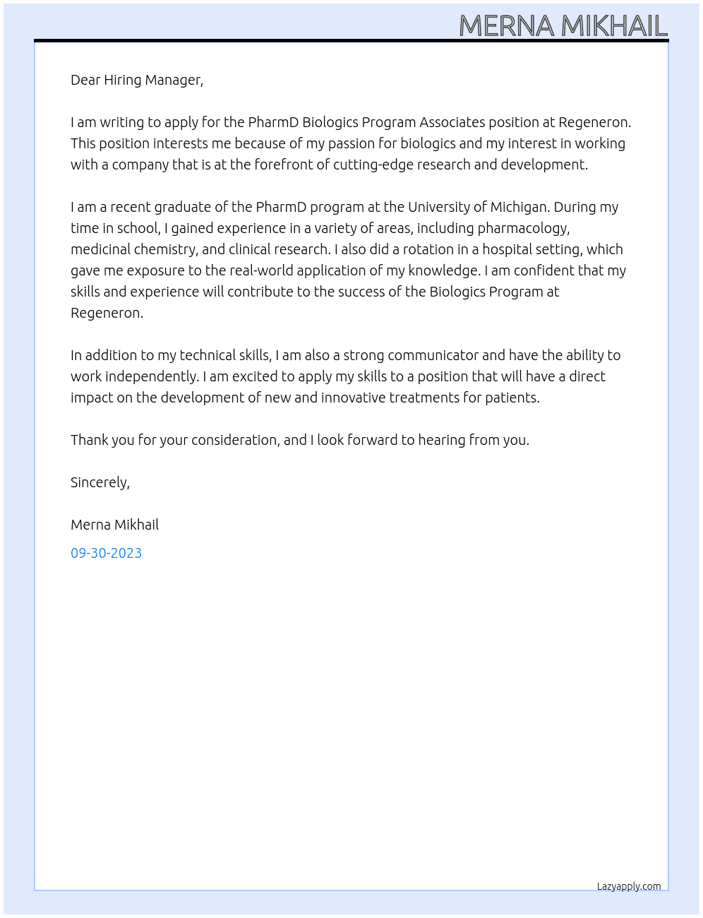 PharmD Biologics Program Associates At Regeneron Cover Letter
