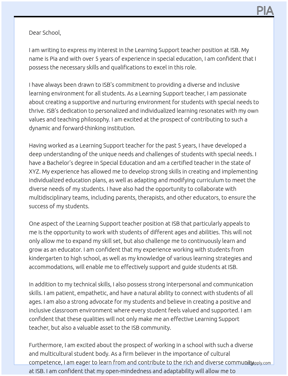 Learning Support teacher At ISB Cover Letter