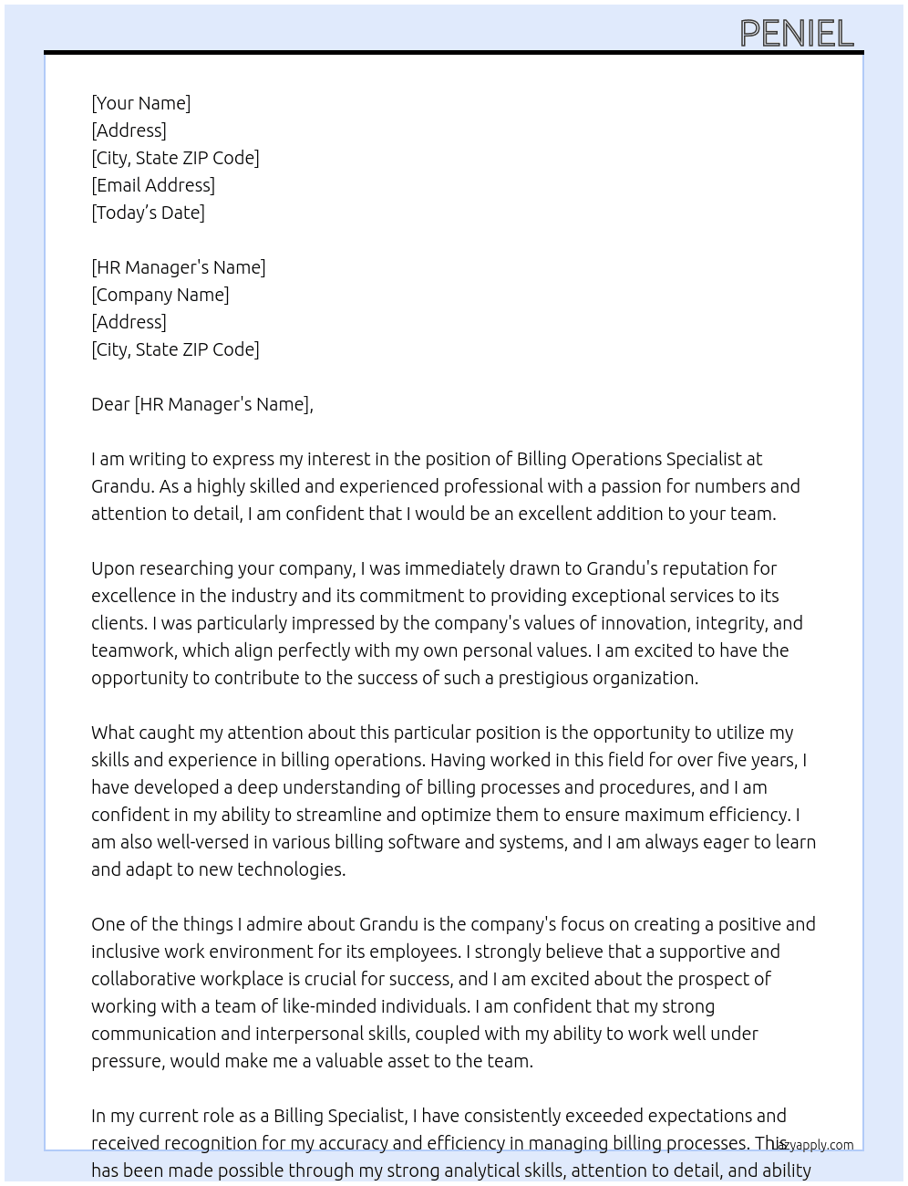 Billing operations specialist  At Grandu  Cover Letter