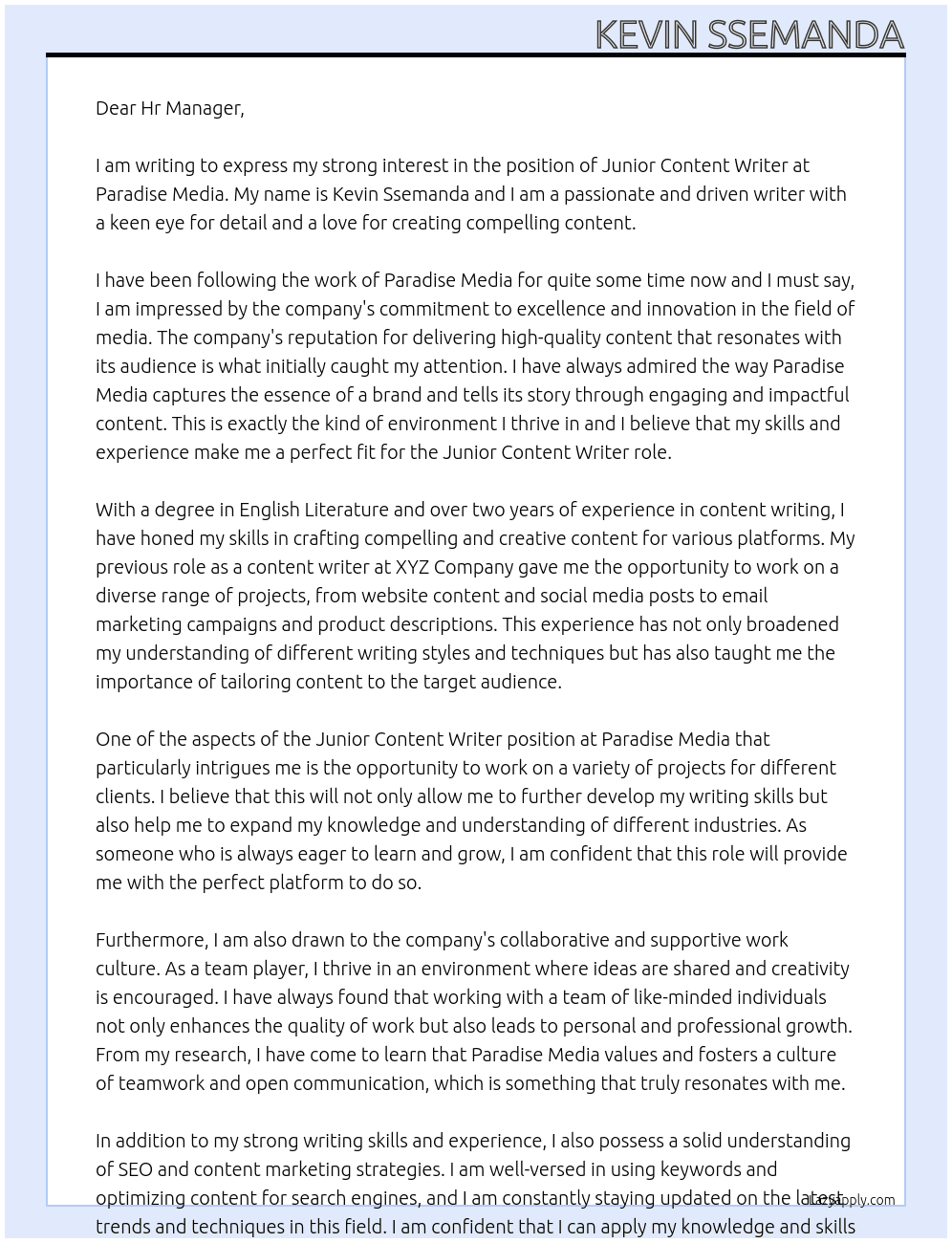 Junior Content Writer At Paradise Media Cover Letter