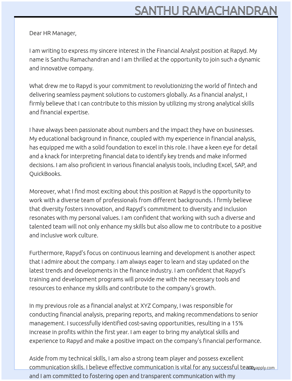 Financial Analytst At Rapyd Cover Letter