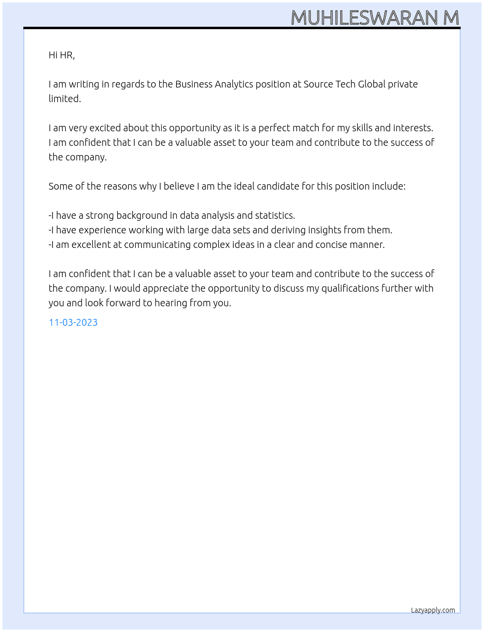Business Analytics At Source Tech Global private limited Cover Letter
