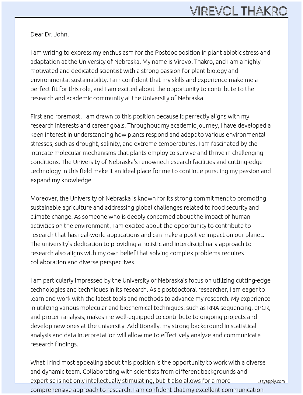 Postdoc in plant abiotic stress and adaptation At University of Nebraska Cover Letter