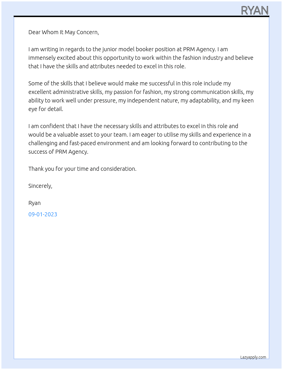 Junior Model Booker At PRM Agency Cover Letter