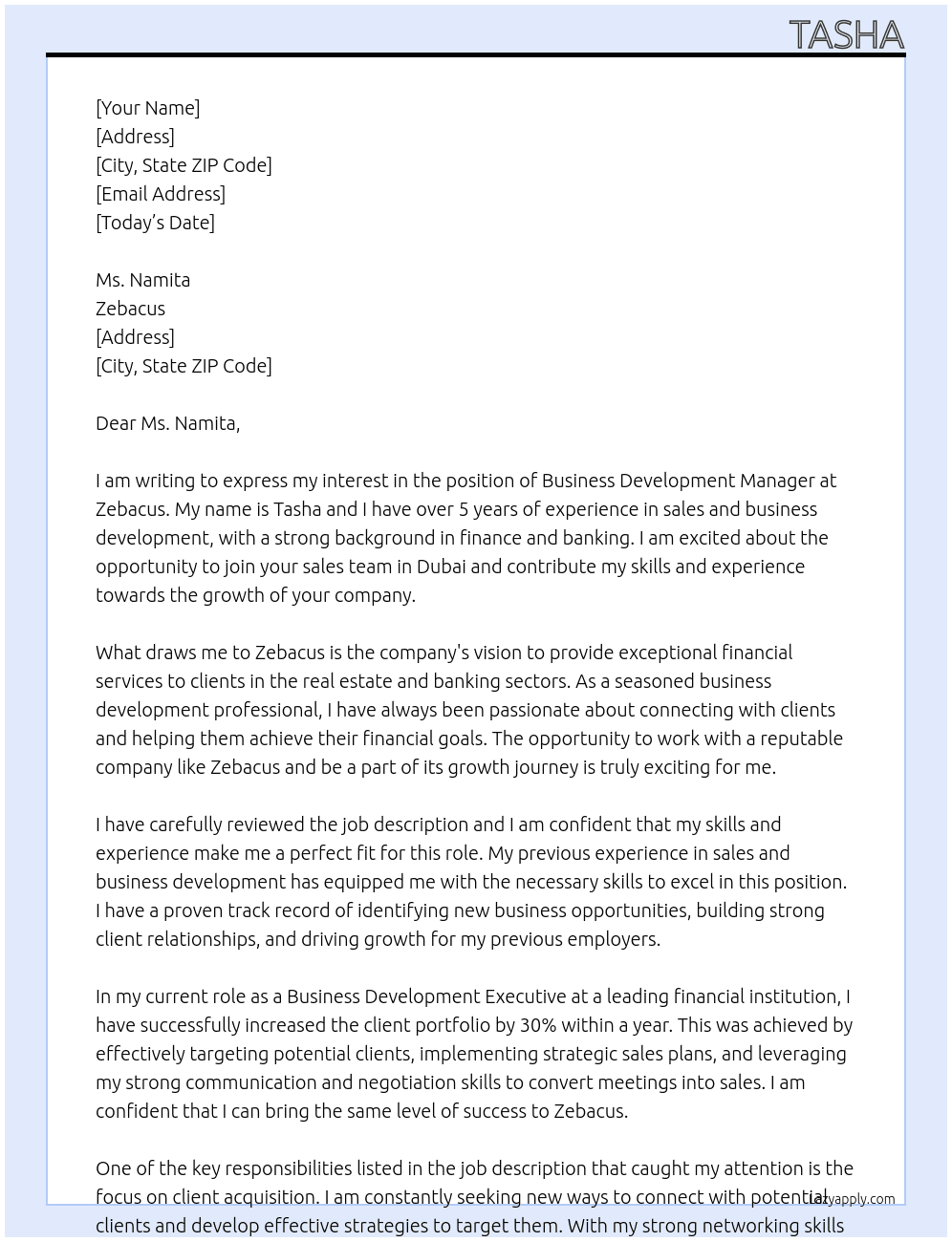 business development manager At Zebacus Cover Letter