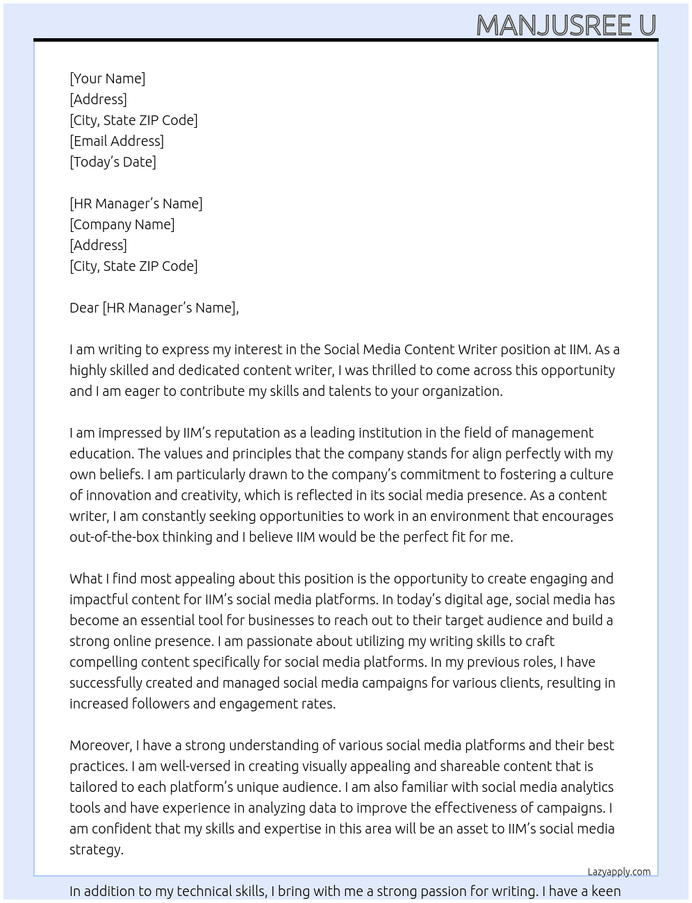 Social media content writer  At IIM Cover Letter