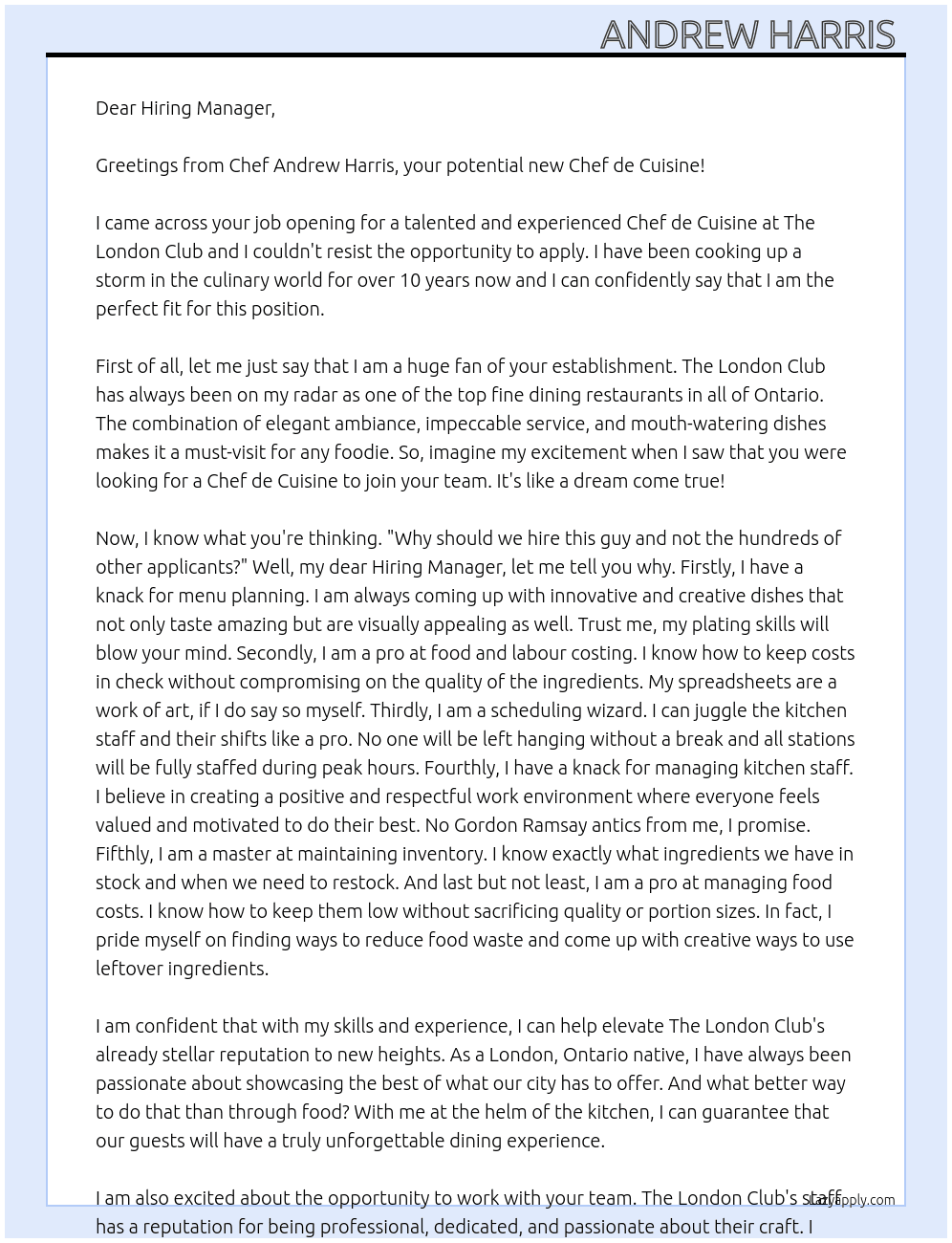 Chef de Cuisine At The London Club Cover Letter