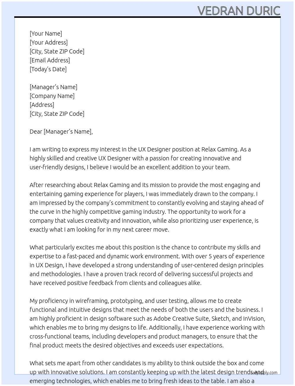 UX Designer At Relax Gaming Cover Letter
