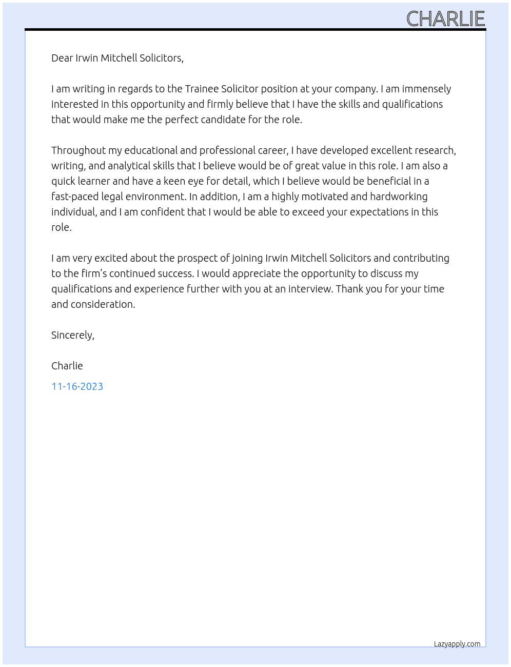 Trainee Solicitor At Irwin Mitchell Solicitors Cover Letter