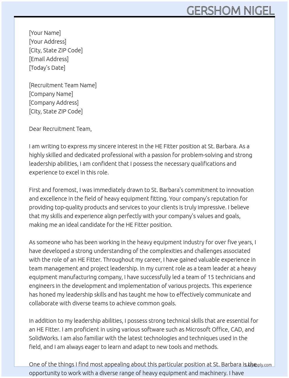 HE Fitter At St. Barbara  Cover Letter