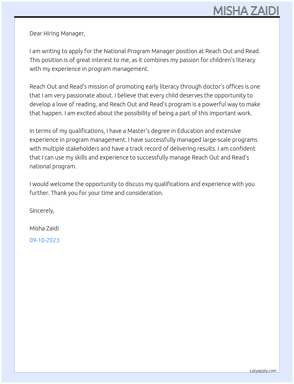 National Program Manager At Reach Out and Read Cover Letter