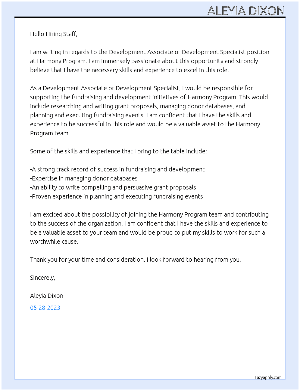 Development Associate or Development Specialist At Harmony Program Cover Letter