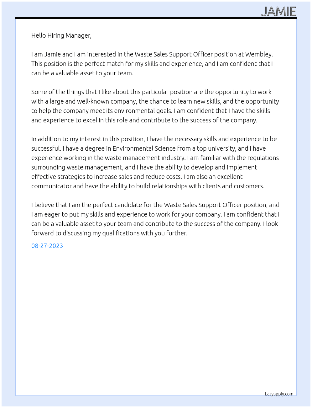 Waste Sales Support Officer At Wembley Cover Letter