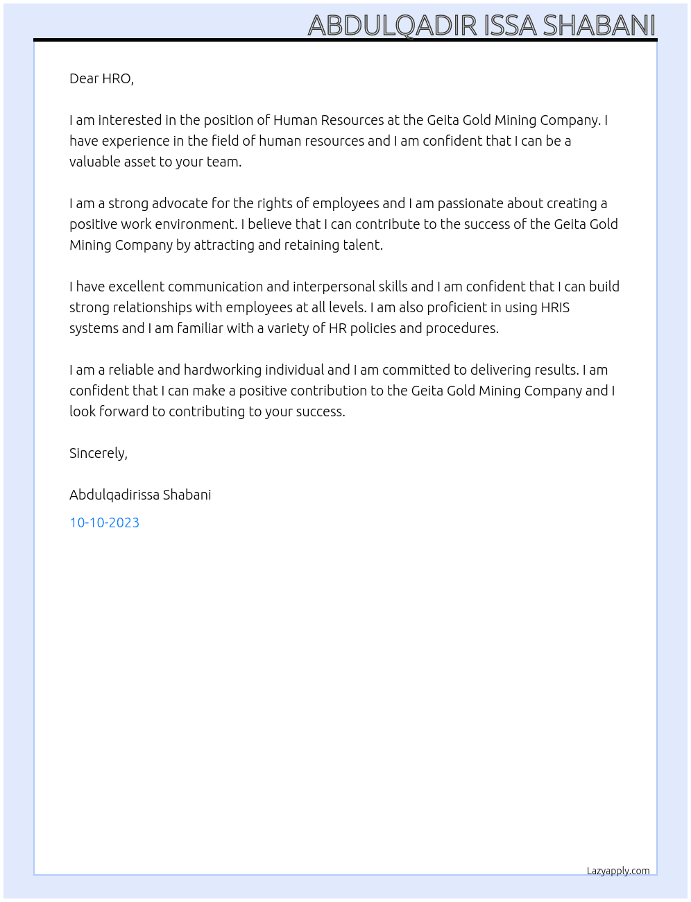 Humana Resources  At Geita Gold Mining Company Cover Letter