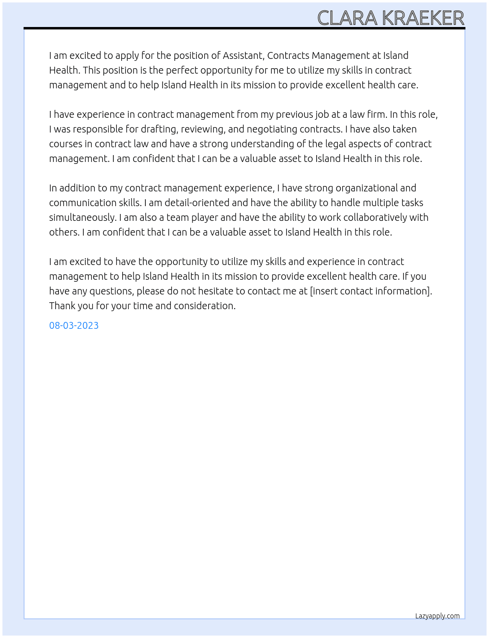 Assistant, Contracts Management  At Island Health Cover Letter