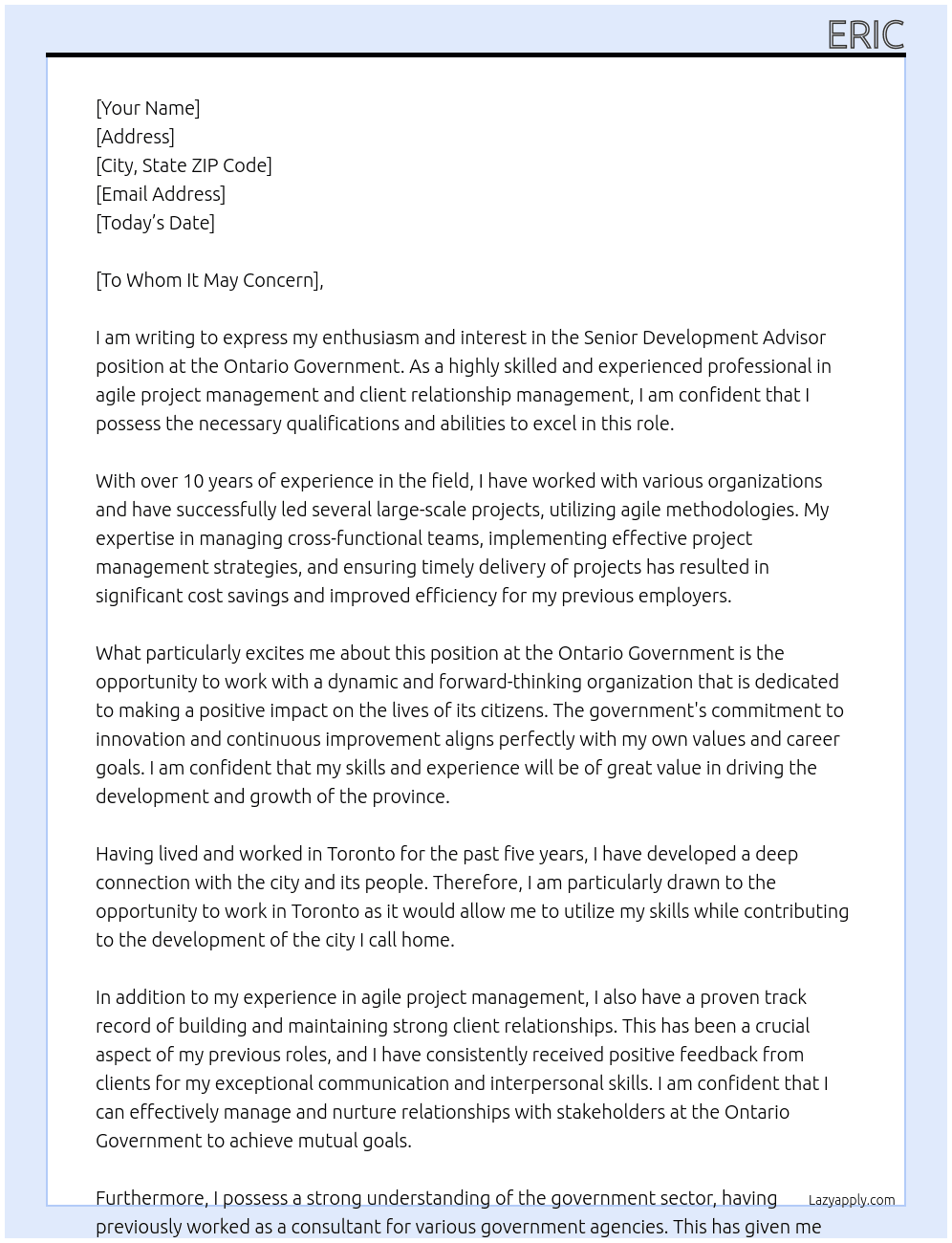 Senior Development Advisor At Ontario Government Cover Letter