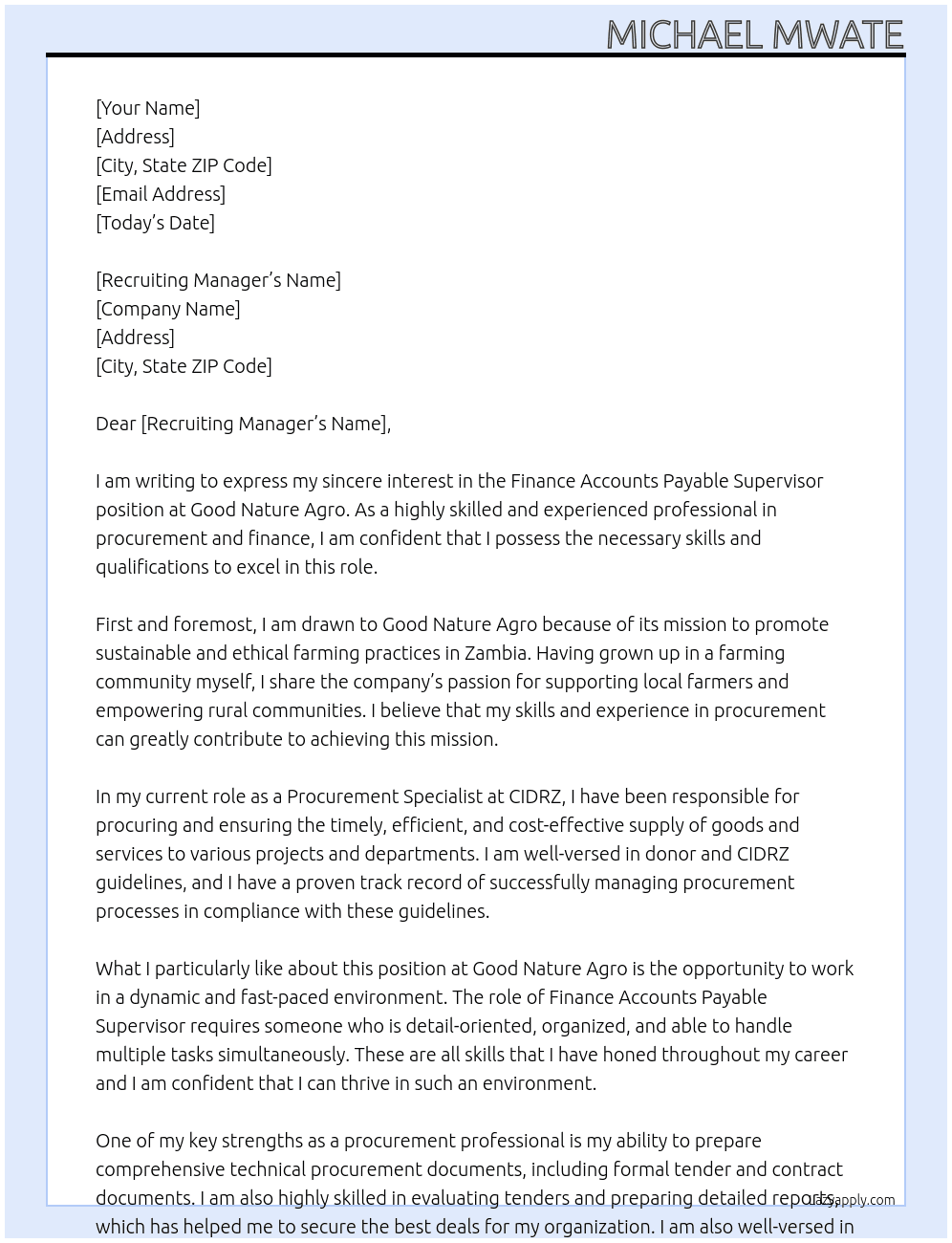 Finance Accounts Payable Supervisor At Good Nature Agro Cover Letter