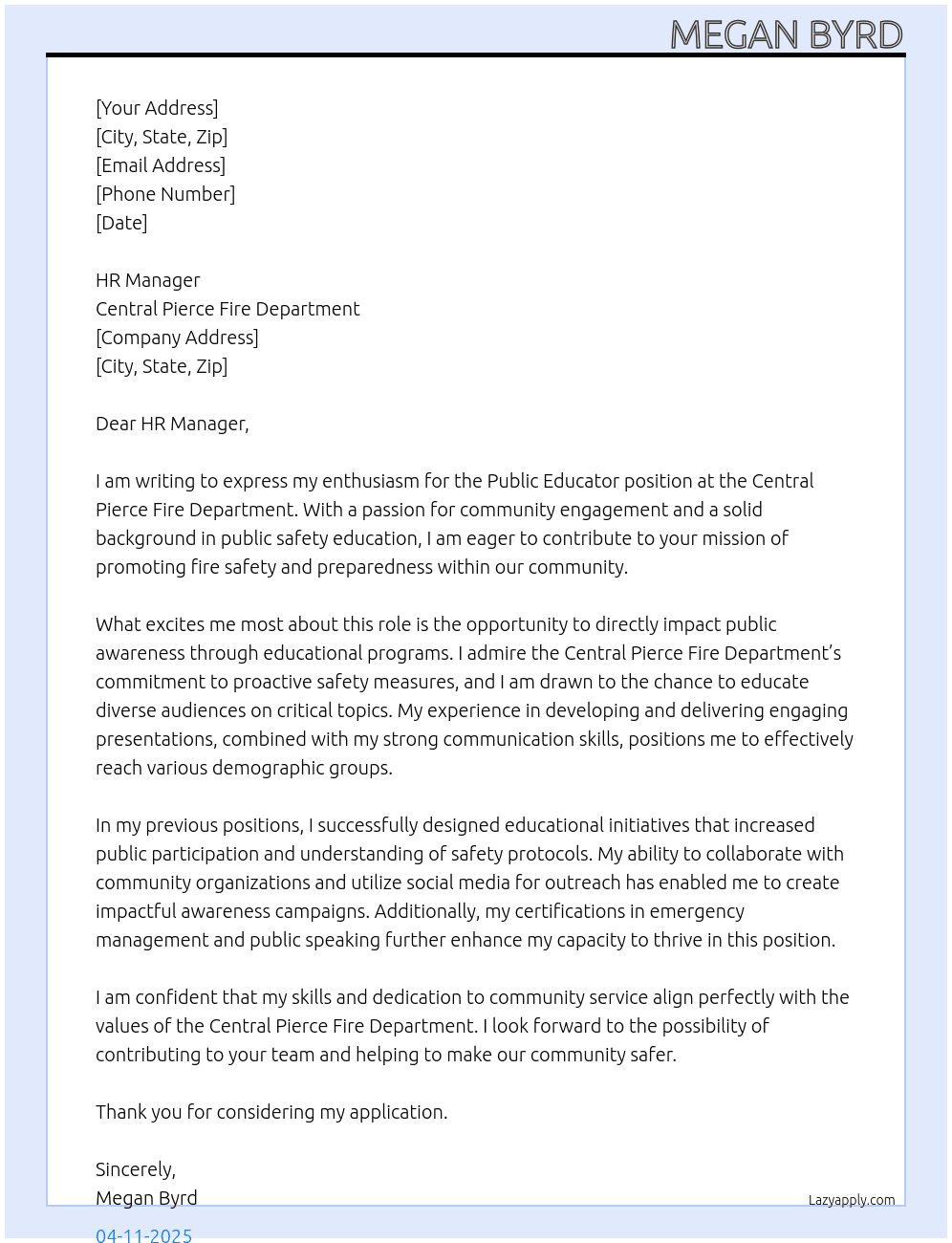 Public Educator At Central Pierce Fire Department Cover Letter