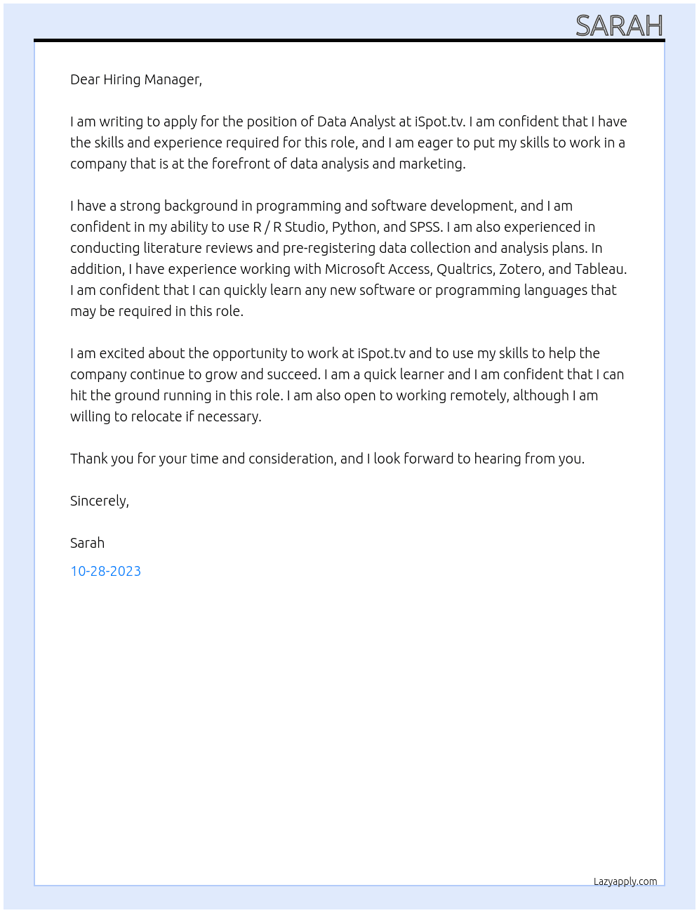 Data Analyst At iSpot.tv Cover Letter