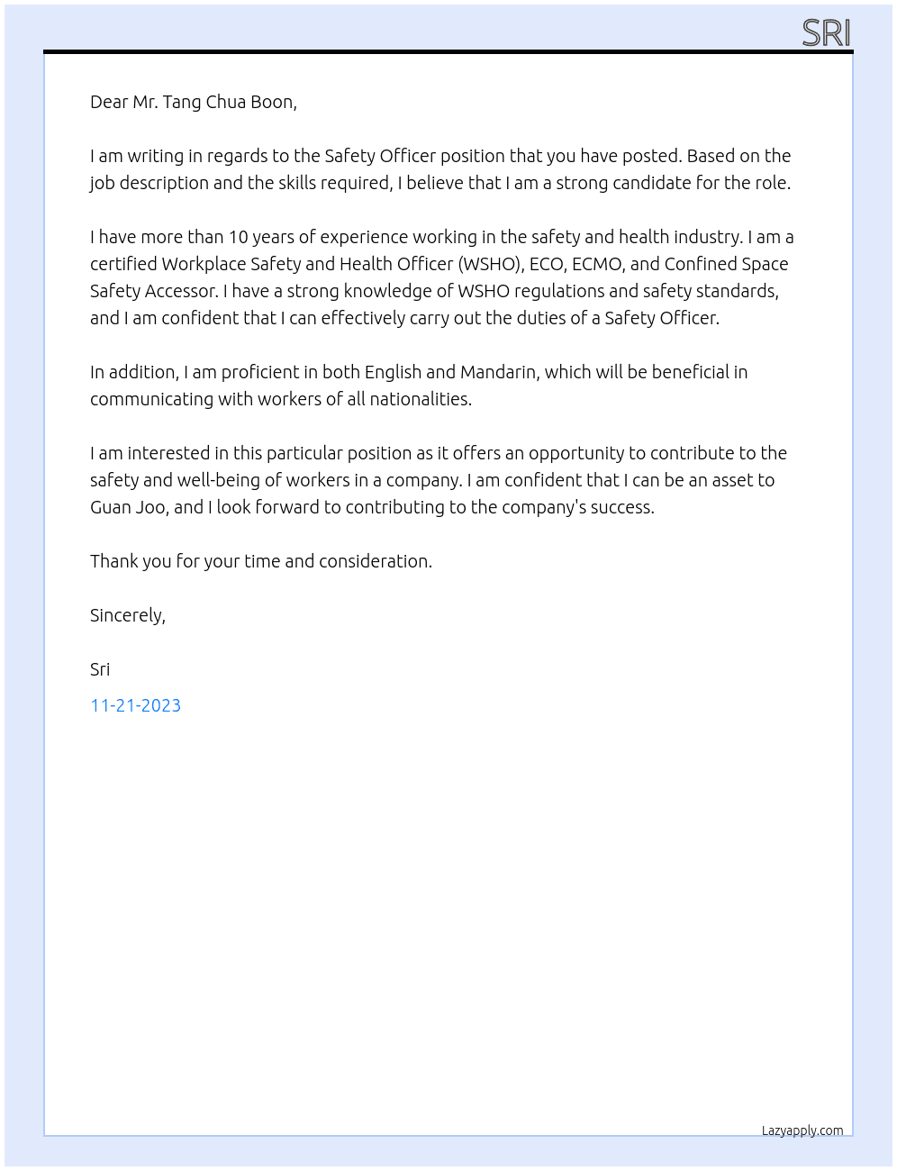 Safety Officer At Guan Joo Cover Letter