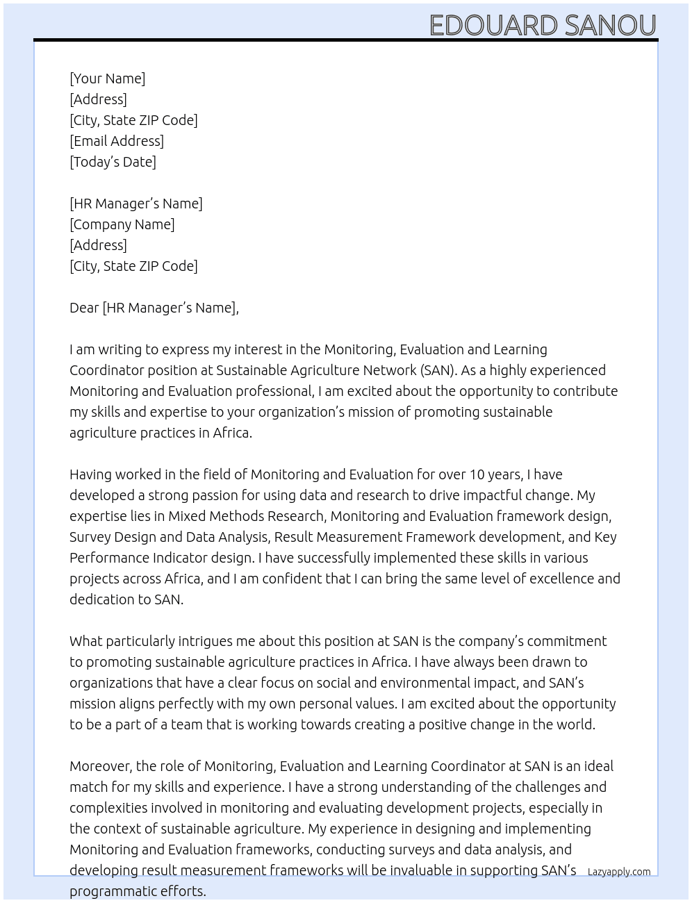 Cover letter for monitoring evaluation and learning coordinator - LazyApply