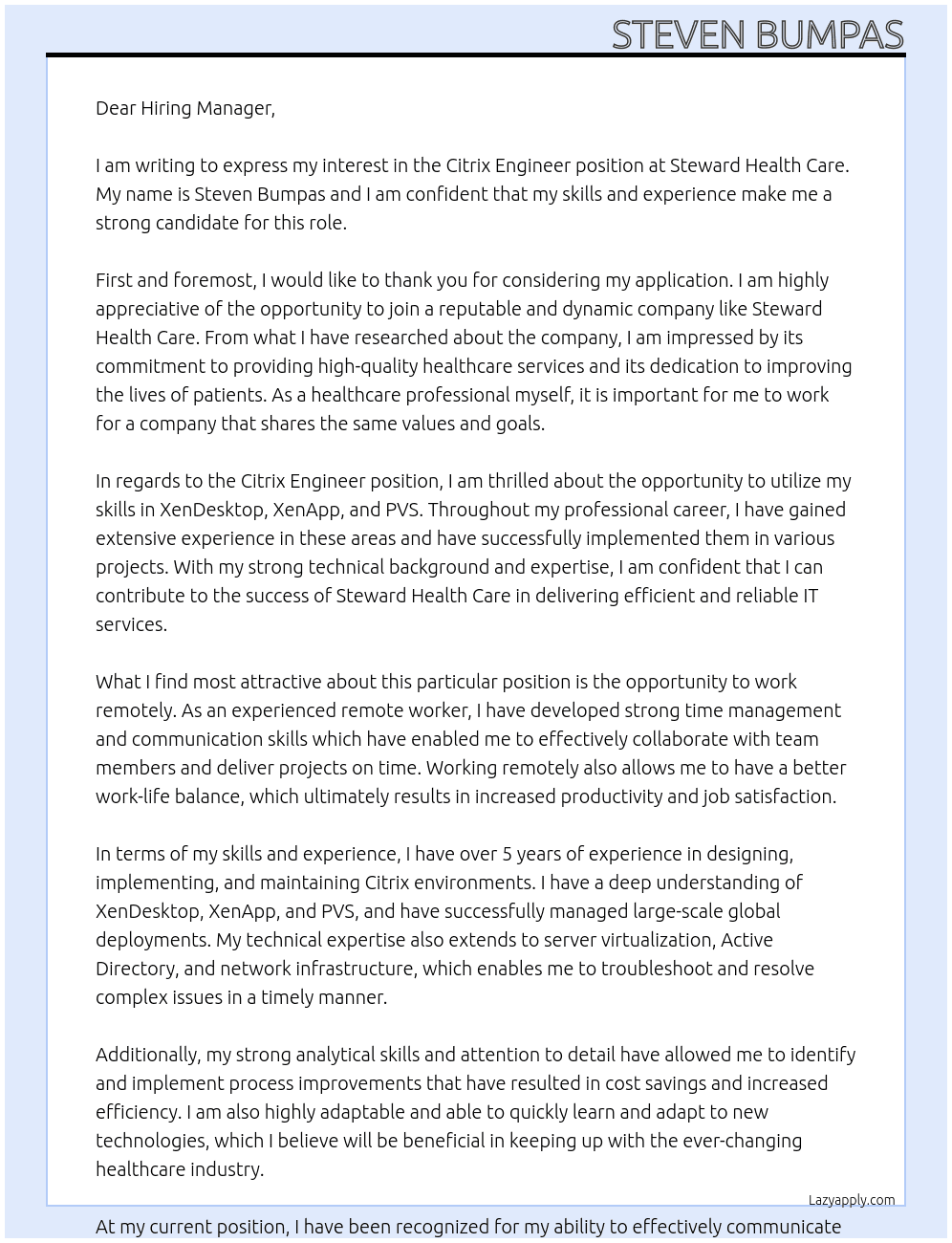 Citrix Engineer At Steward Health Care Cover Letter