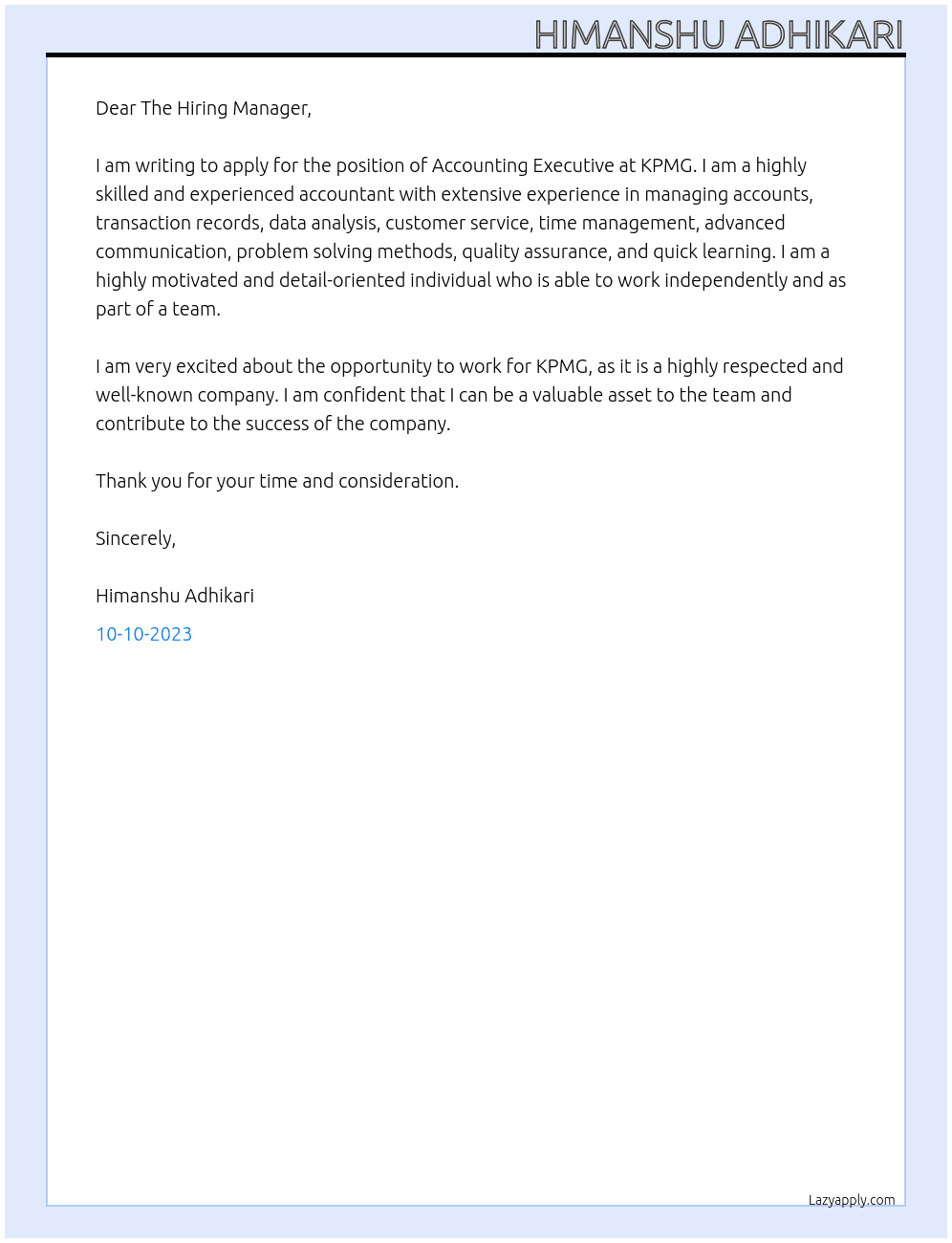 Accounting Executive  At KPMG Cover Letter