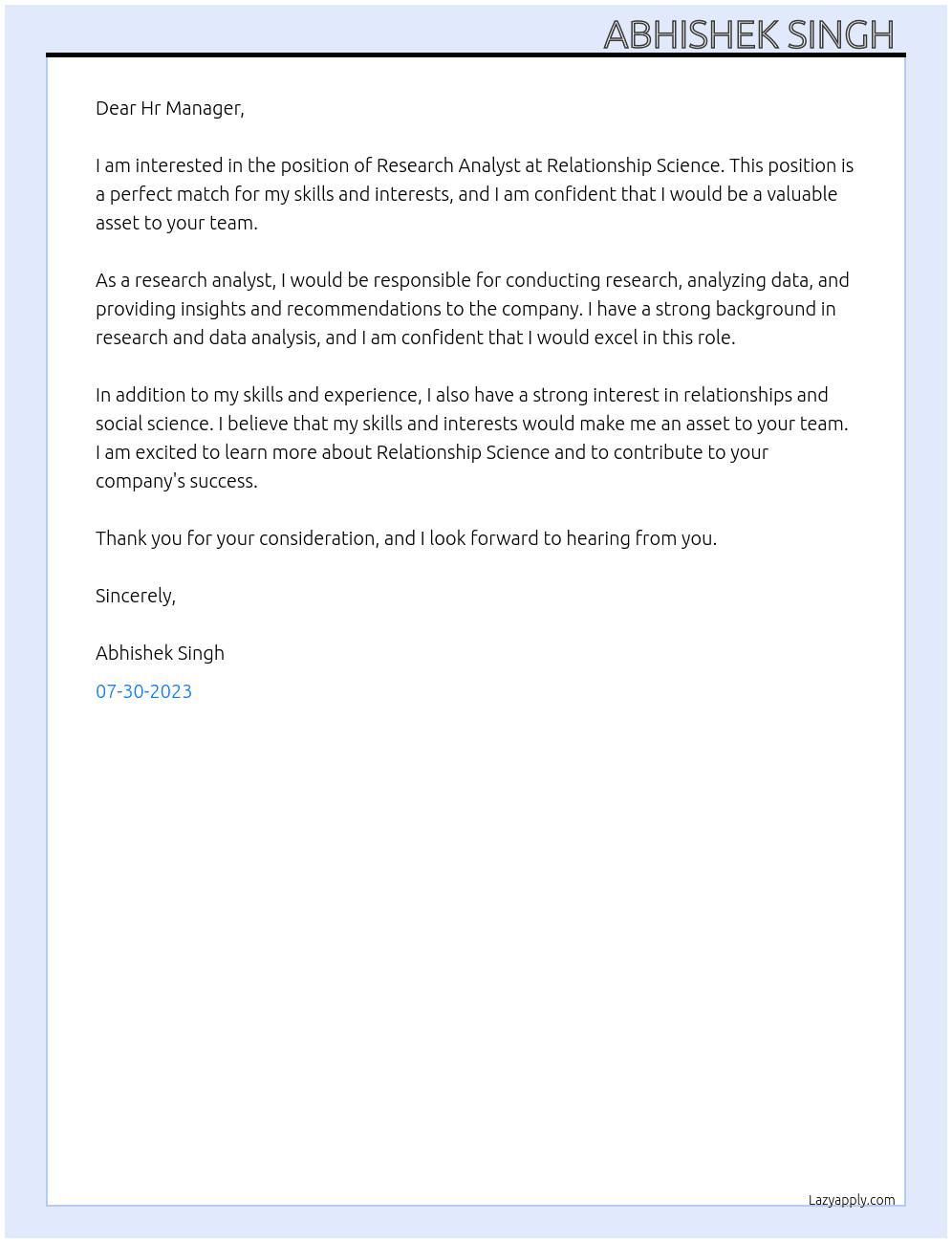 Research Analyst  At Relationship Science  Cover Letter