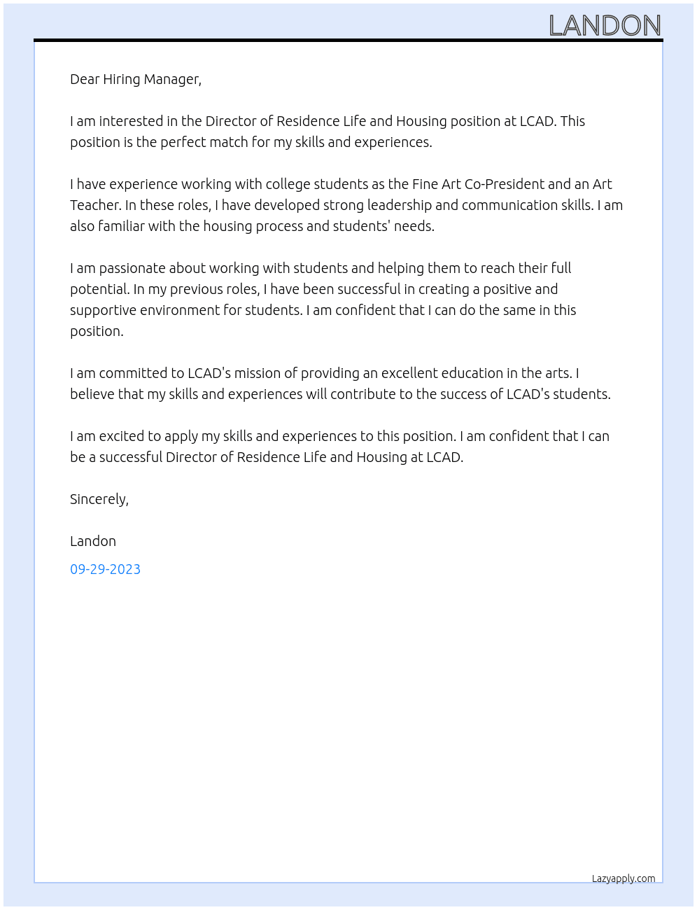 Director of residence life and housing At Lcad Cover Letter