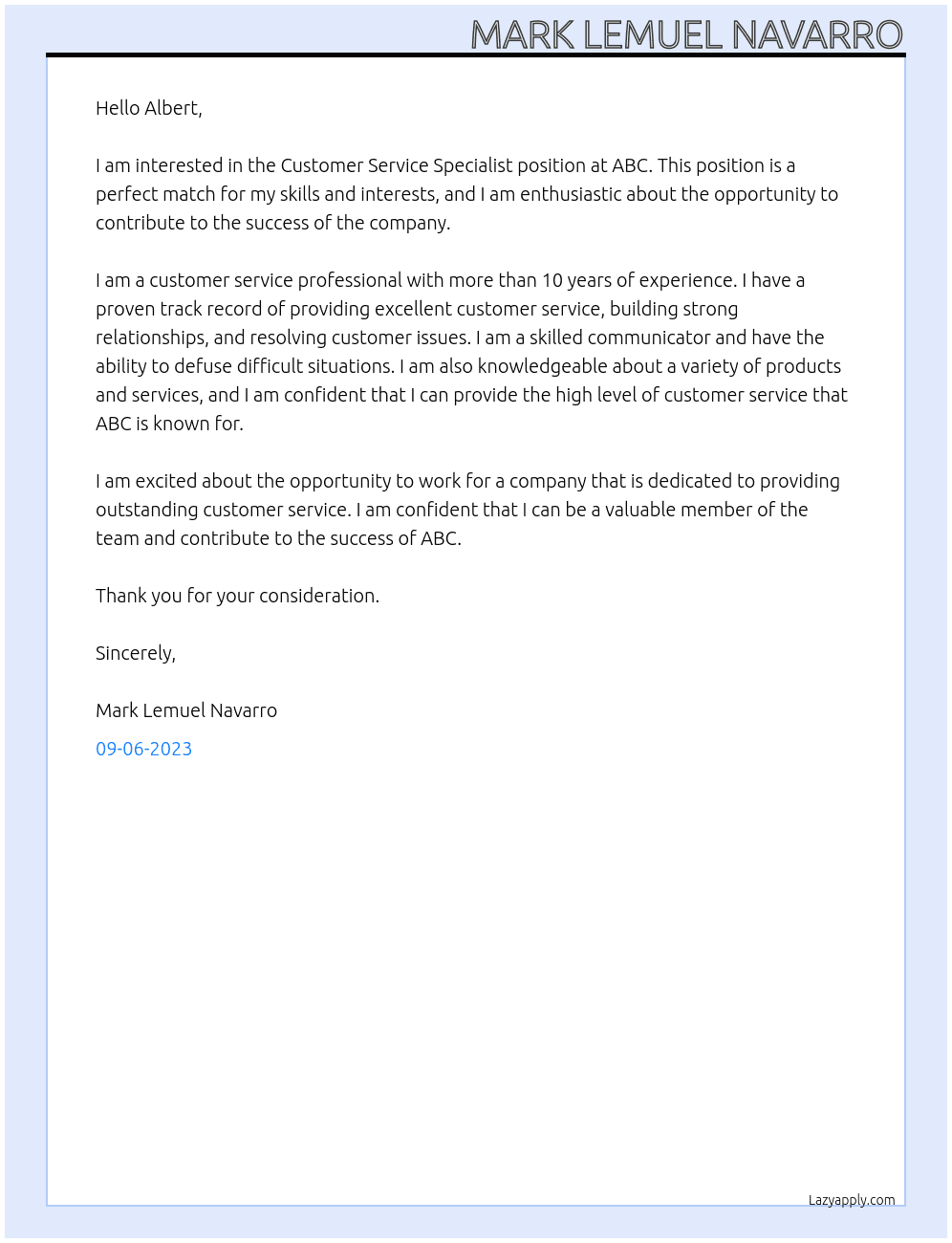 Customer Service Specialist  At ABC Cover Letter