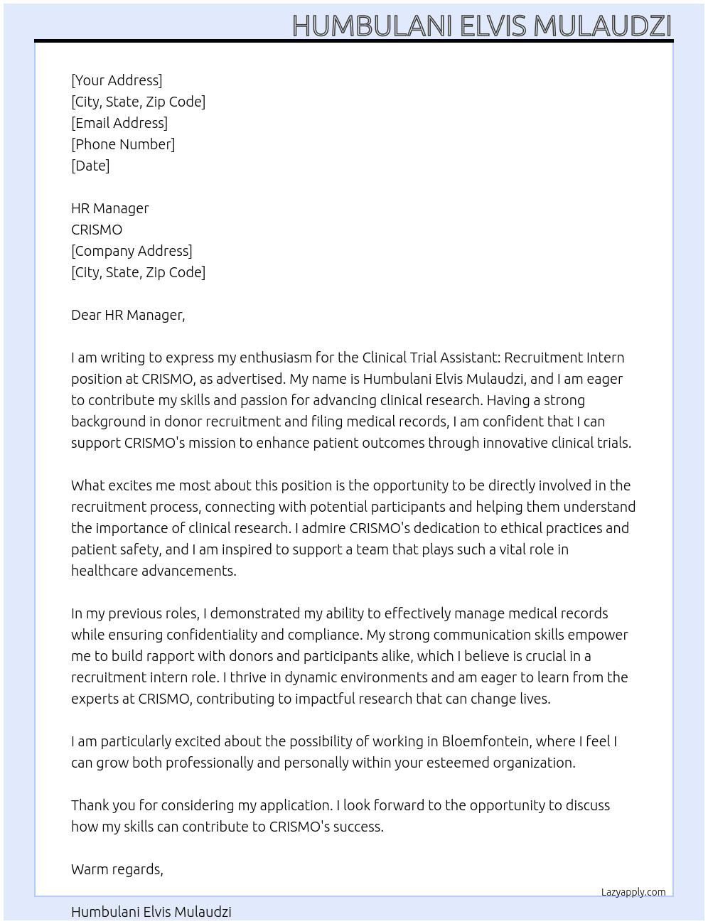Clinical Trial Assistant: Recruitment Intern At CRISMO Cover Letter