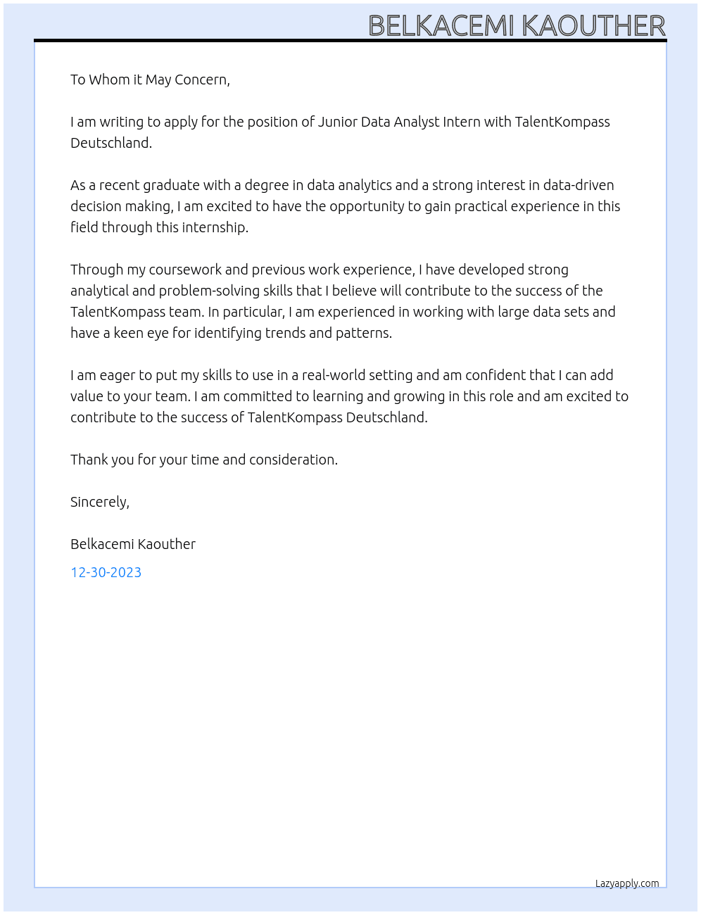 Junior Data Analyst Intern  At TalentKompass Deutschalnd  Cover Letter
