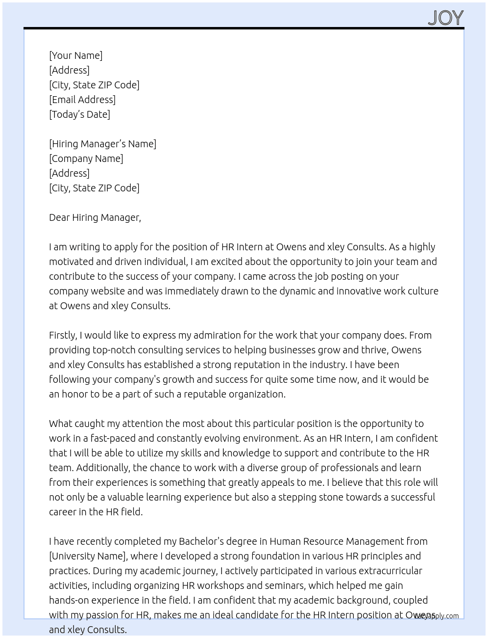 HR Intern  At Owens and xley Consults Cover Letter