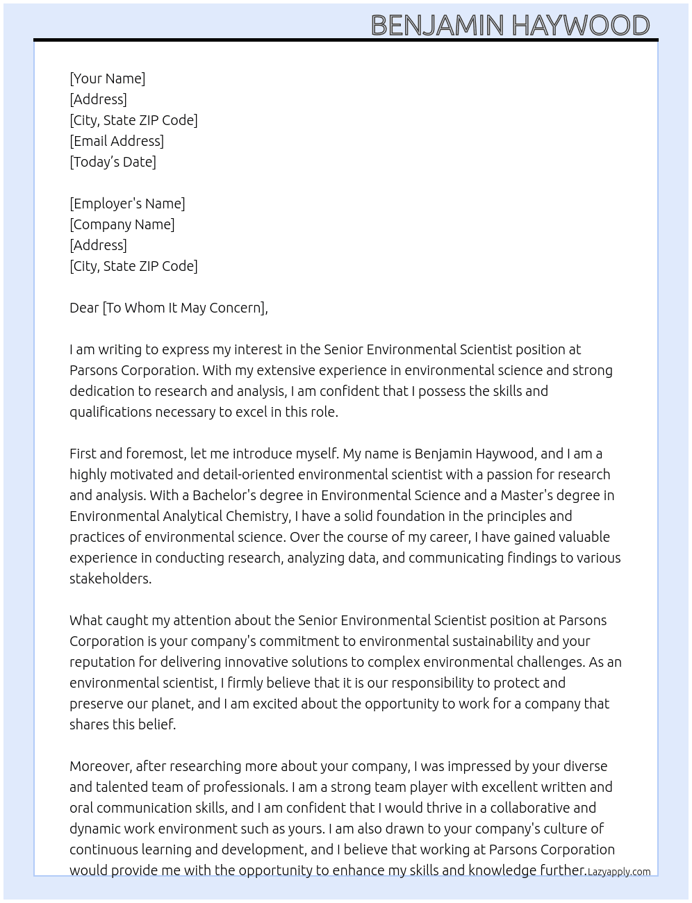 Senior Environmental Scientist At Parsons Corporation Cover Letter