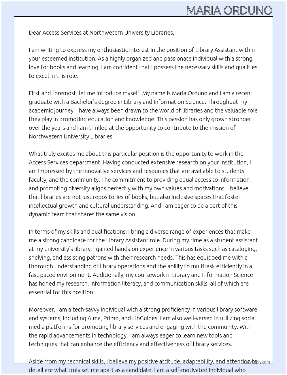 library assistant At Northwetern University Libraries Cover Letter