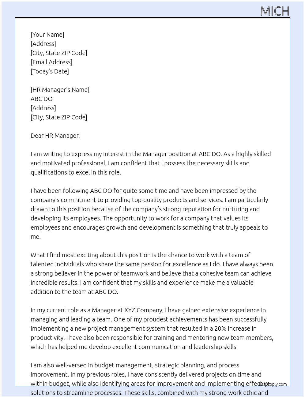 manager At abc do Cover Letter