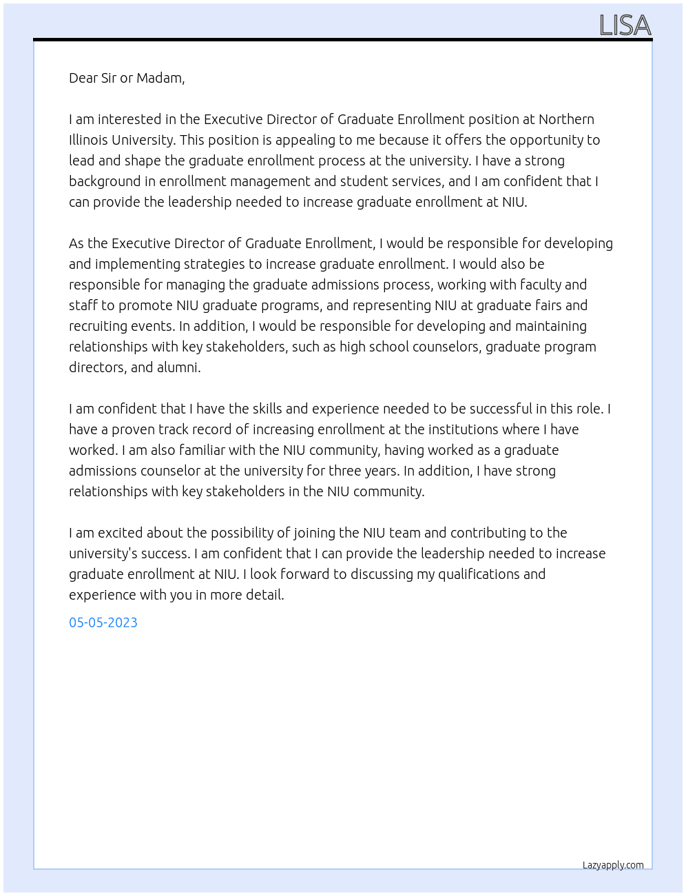Executive Director of Graduate Enrollment At Northern Illinois University Cover Letter