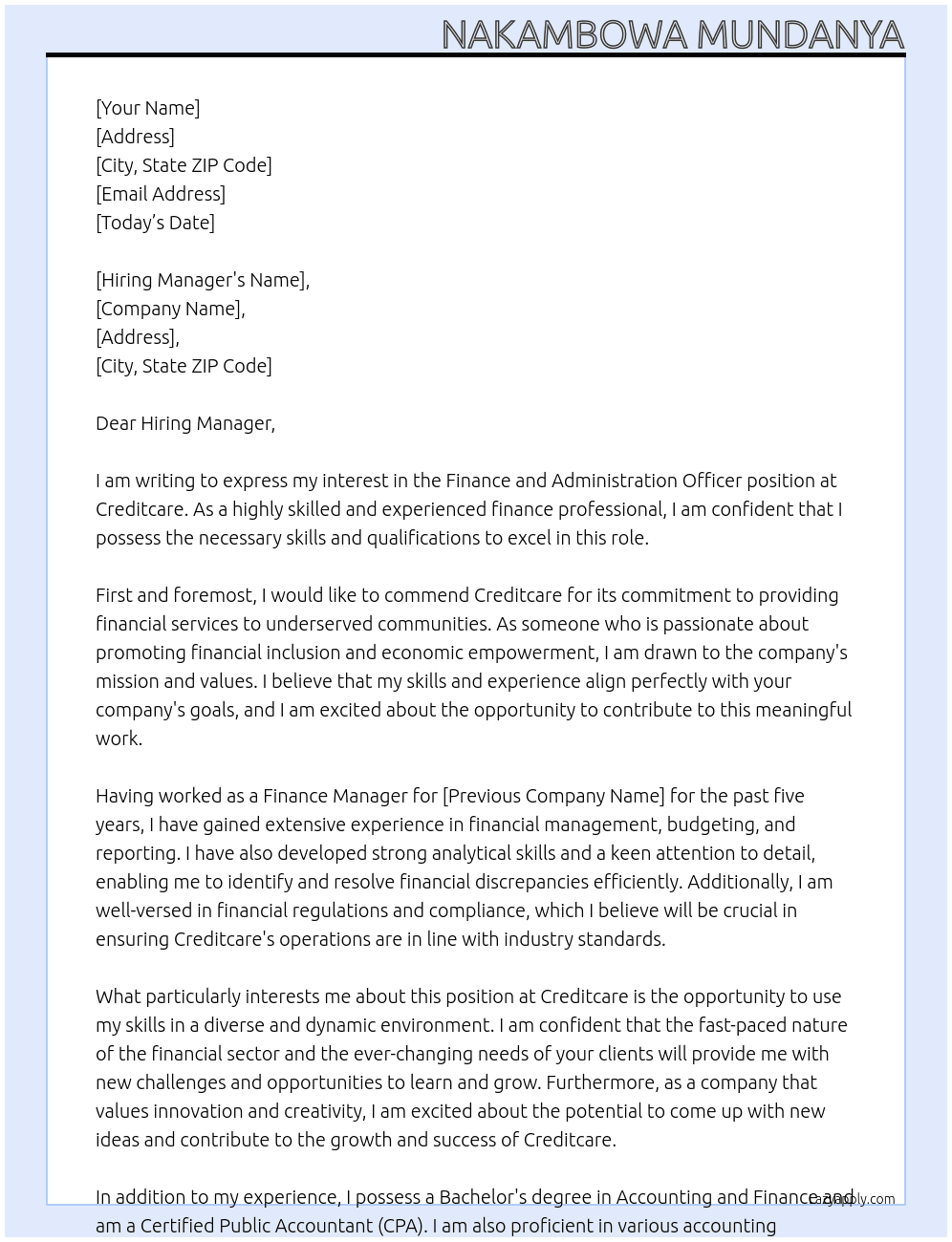 Finance and administration officer At Creditcare Cover Letter