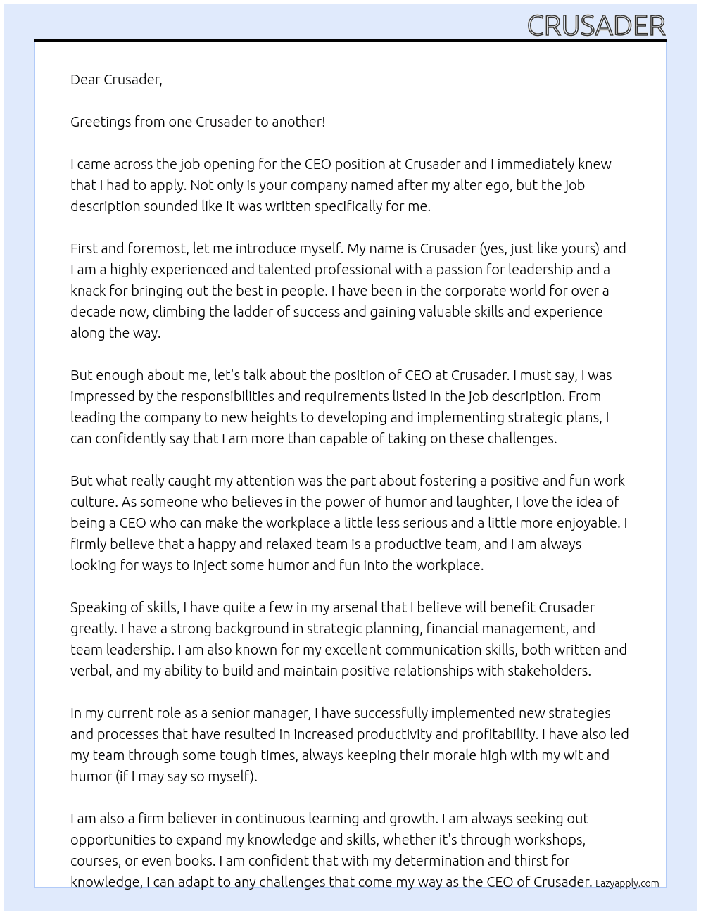 CEO At Crusader Cover Letter