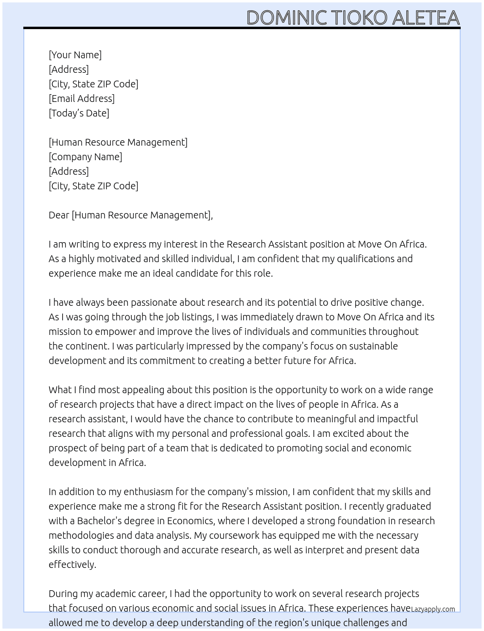 research assistant At MOVE ON AFRICA Cover Letter
