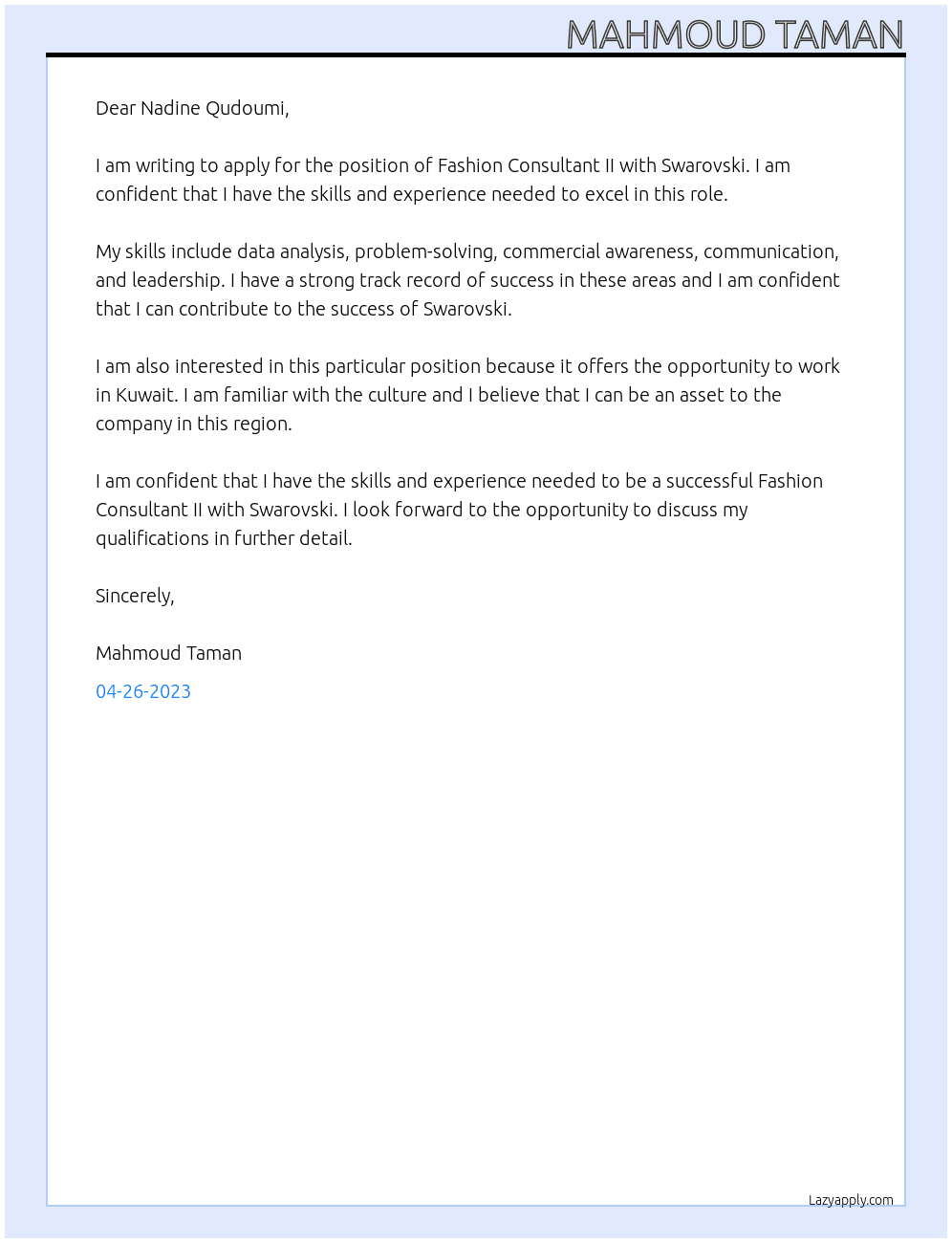 Fashion Consultant II At Store Supervisor - Swarovski Cover Letter