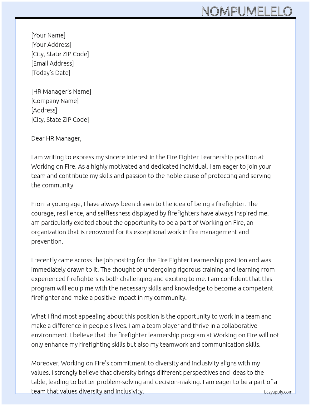 Fire fighter learnership  At Working on fire Cover Letter
