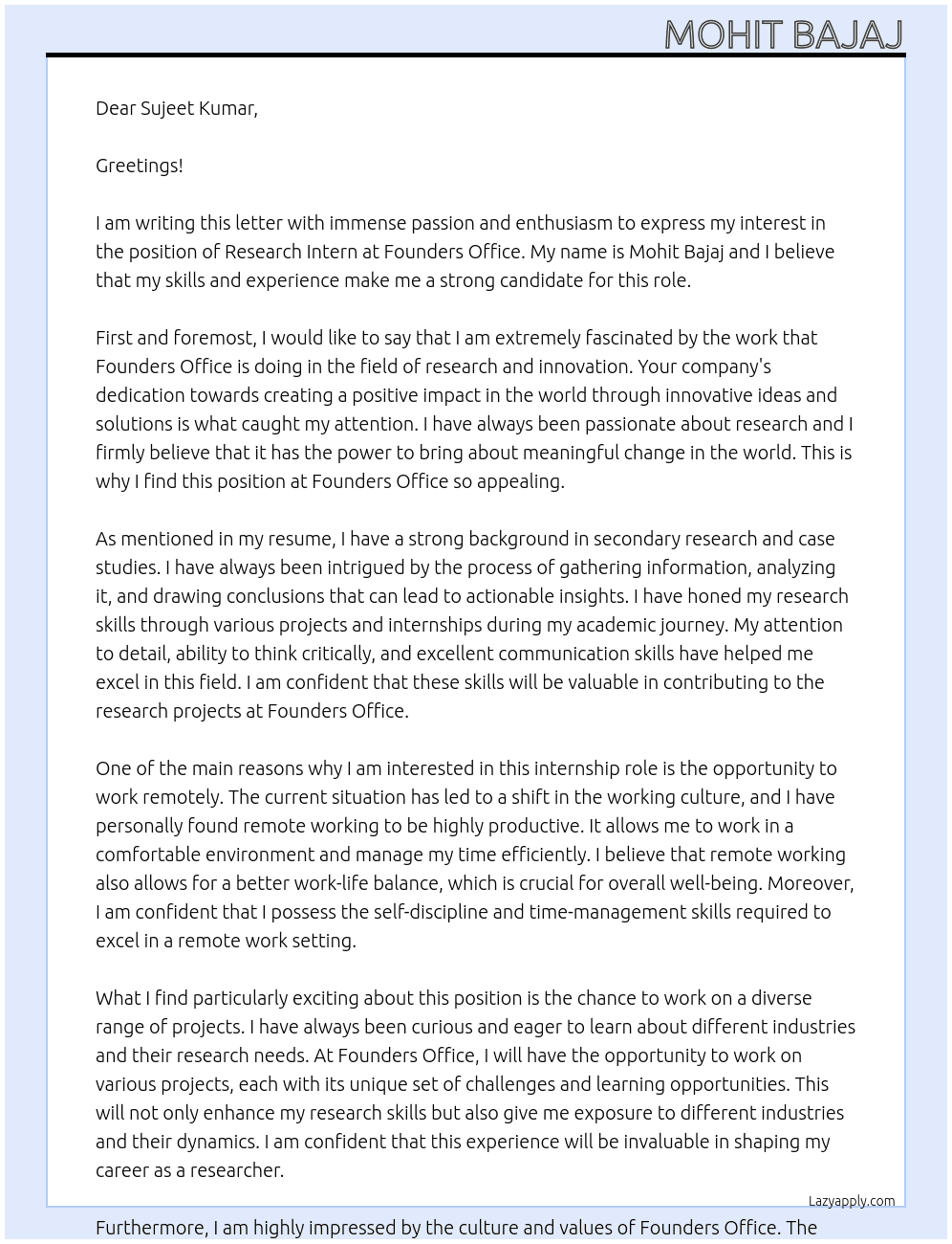 Research intern At Founders office Cover Letter