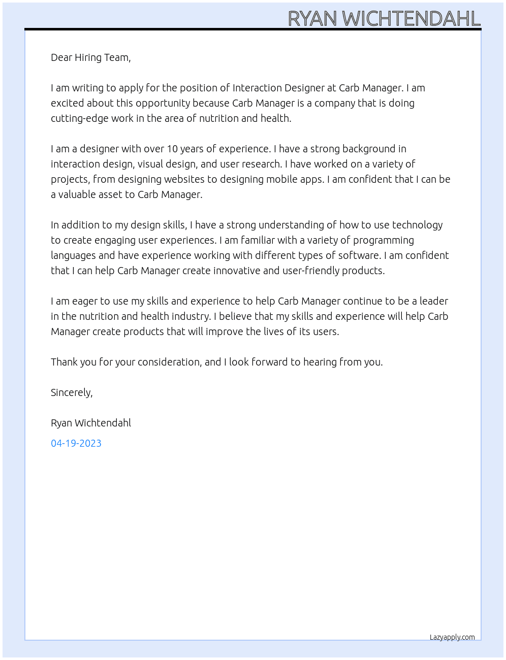 Interaction Designer At Carb Manager Cover Letter