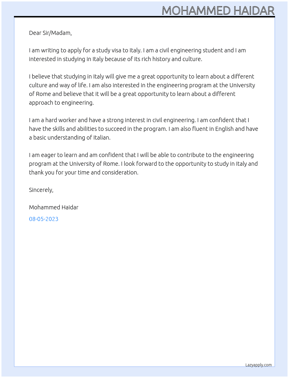 CIVIL Engineering student At applying for study visa to italy Cover Letter