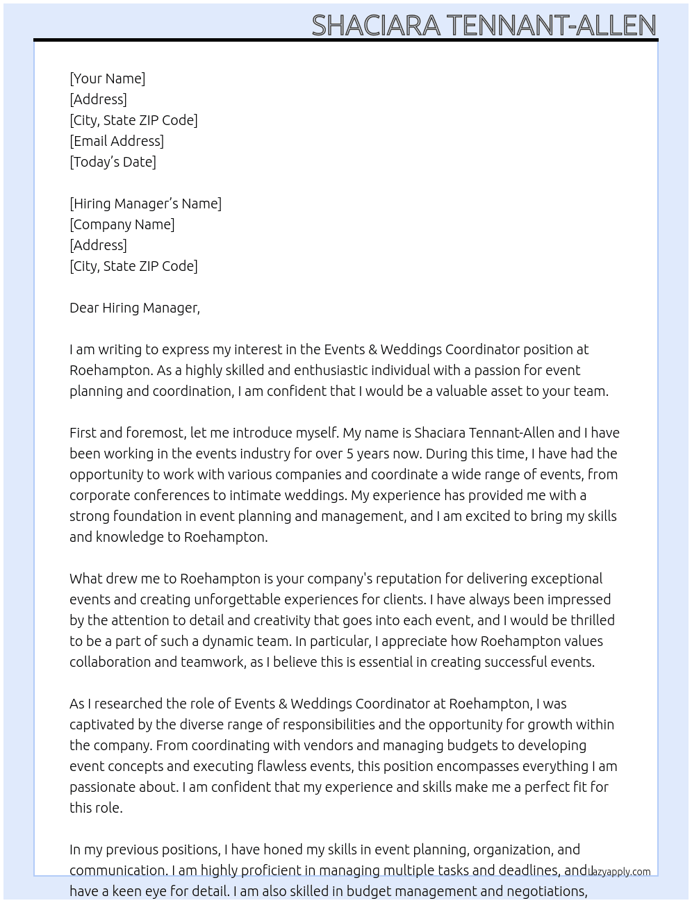 Events & Weddings Coordinator At Roehampton Cover Letter