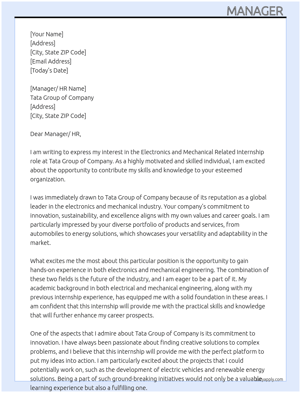 Electronics and Mechanical Related Internship At Tata Group of Company  Cover Letter