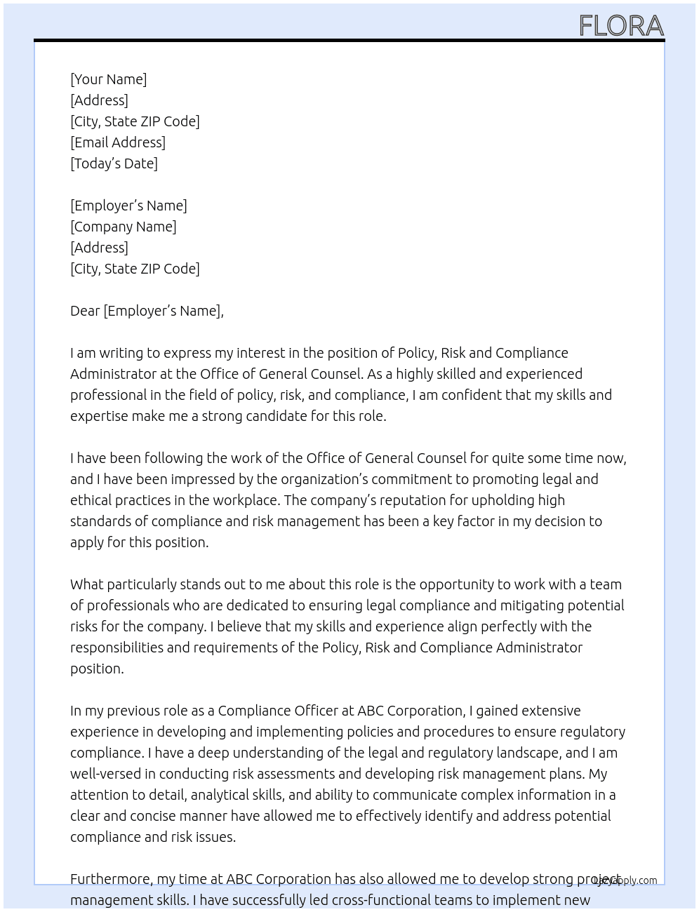 Policy, Risk and Compliance Administrator At Office of General Counsel Cover Letter