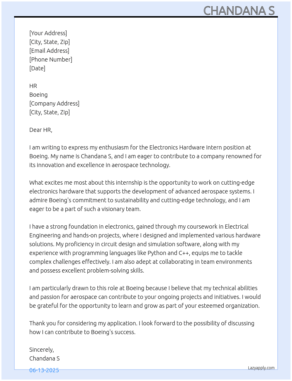Electronics hardware intern At Boeing Cover Letter