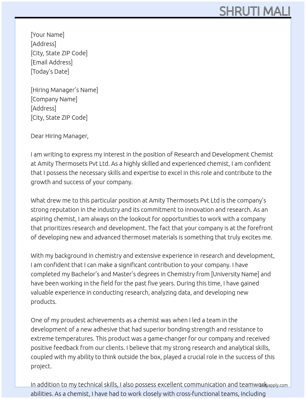 Research and Development Chemist At Amity Thermosets Pvt Ltd Cover Letter